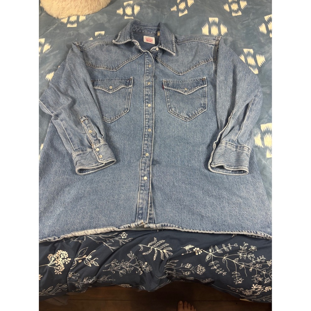 Levi Strauss Mens Blue Denim Western Snap Shirt Small Medium Wash Regular Fit